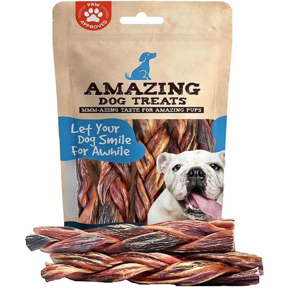 Amazing Dog Treats - 6 Inch Braided Gullet Stick (4 Pc/Pack) - Dog Jerky Treats - Beef Esophagus -Gullet for Dogs - Beef Esophag