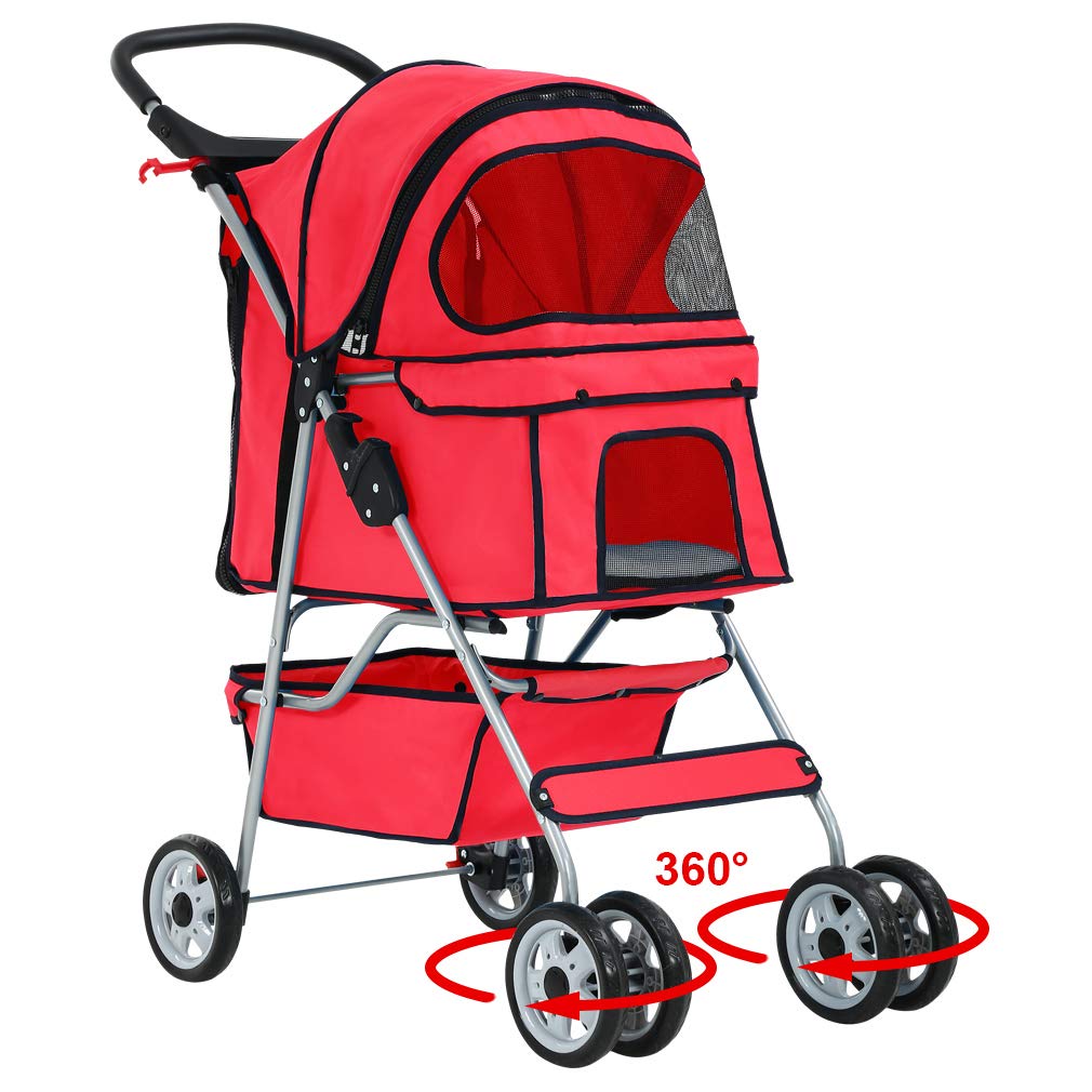 Bestpet Pet Stroller Cat Dog Cage Stroller Travel Folding Carrier,Red