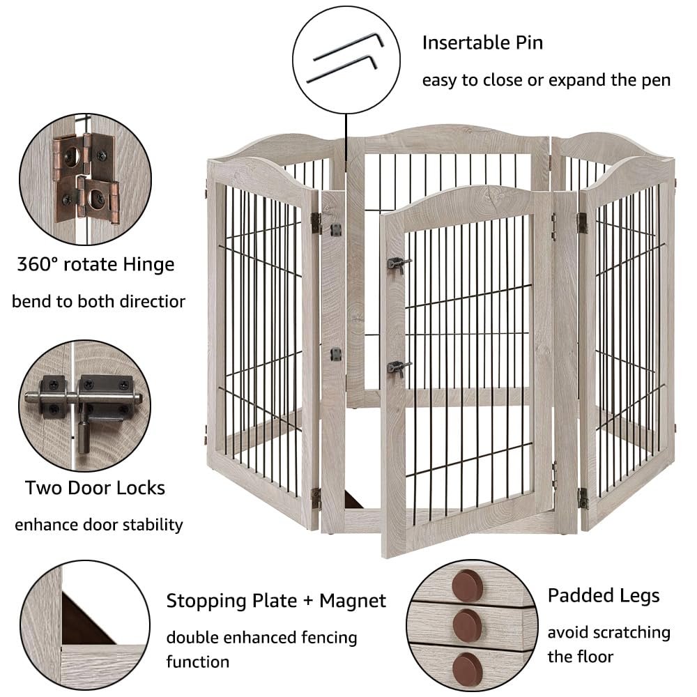 Unipaws 132?Extra Wide Dog Gate And Pet Playpen, Free Standing Tall Dog Fence With Walk Through Door, Dog Barriers For Home, Use As Indoor Dogs Cats Pen, Rabbit Pen, Baby Gate, Weathered Grey