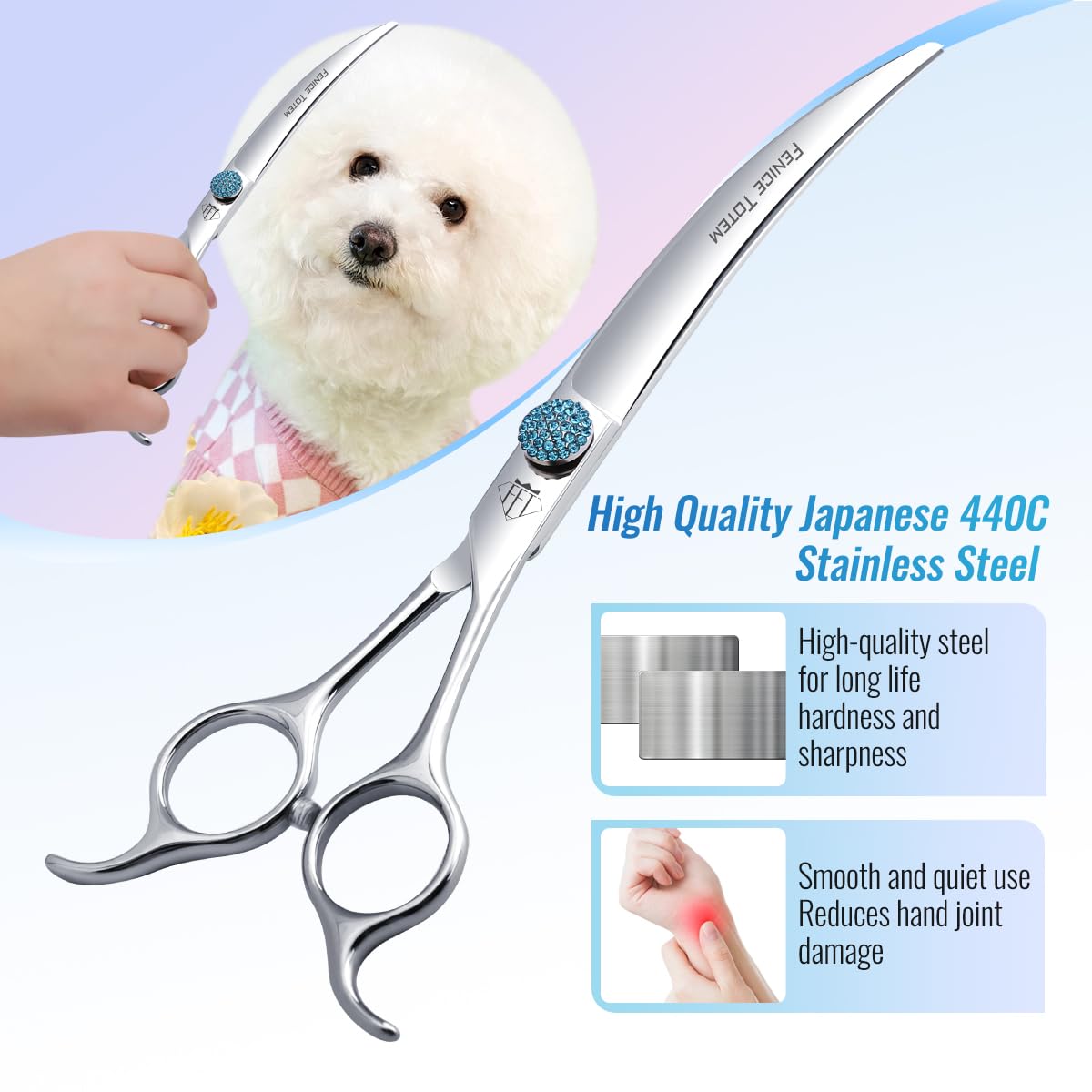 Fenice Professional Grooming Curved Shear: 45 Degree Super Curves Scissors For Dogs 7.5'' Big Arc Curved Shears Made Of Japanese