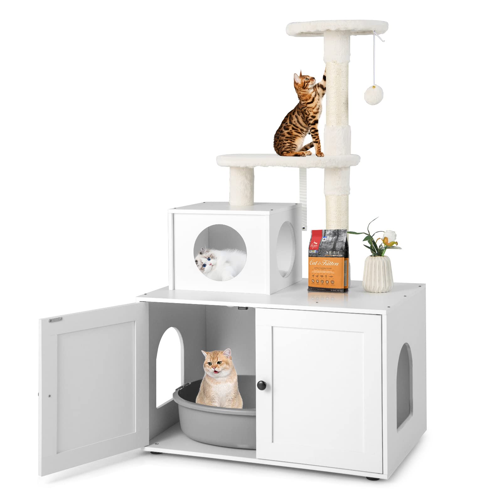 Tangkula 2-In-1 Litter Box Enclosure With Cat Tree Tower, Hidden Washroom With Condo, Plush Perch, Scratching Posts, Furniture W