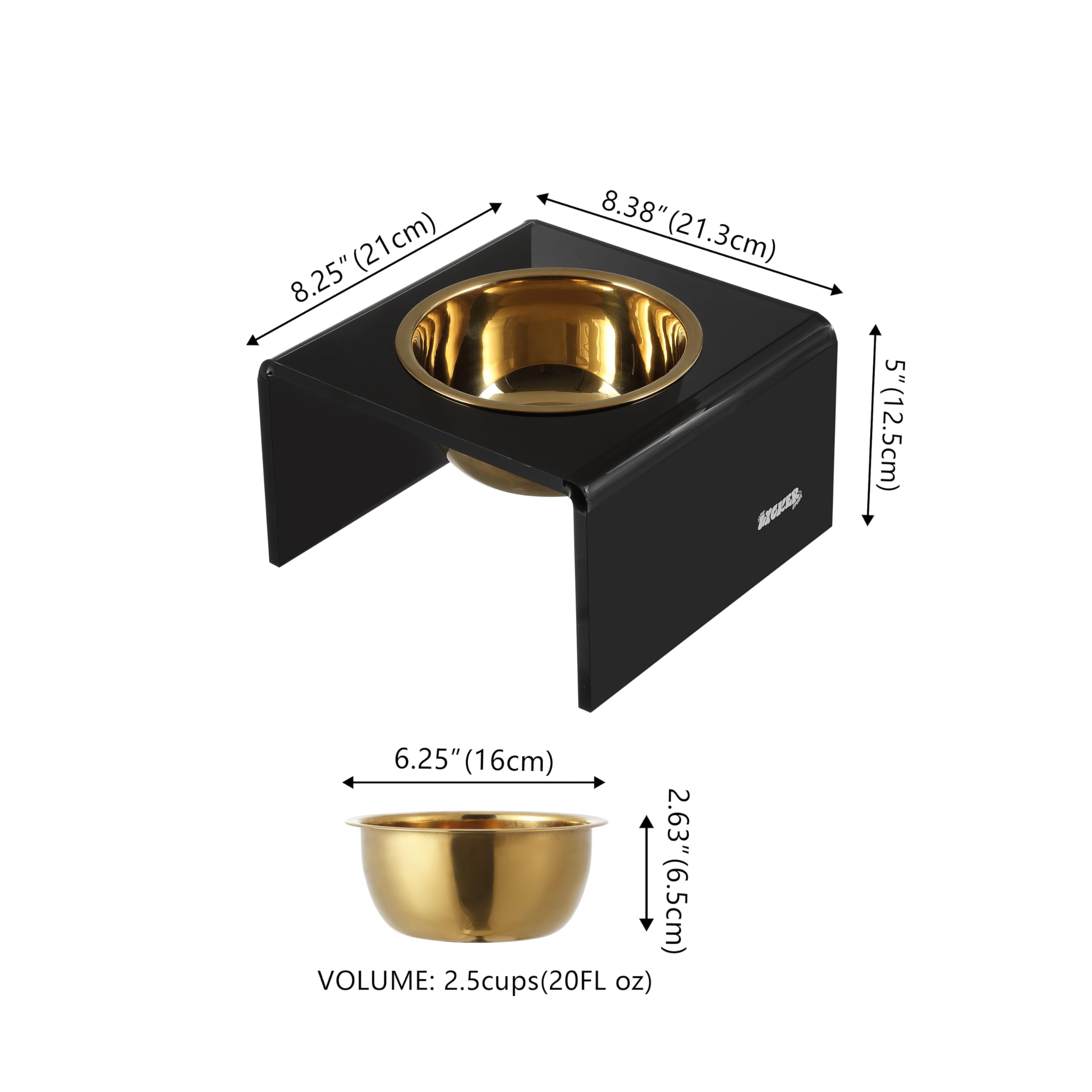 The LICKER Store DBL2002B Keaton 5 Small/Medium Modern Acrylic Rectangular Elevated Pet Feeder with 20oz 1-Stainless Steel Bowl,