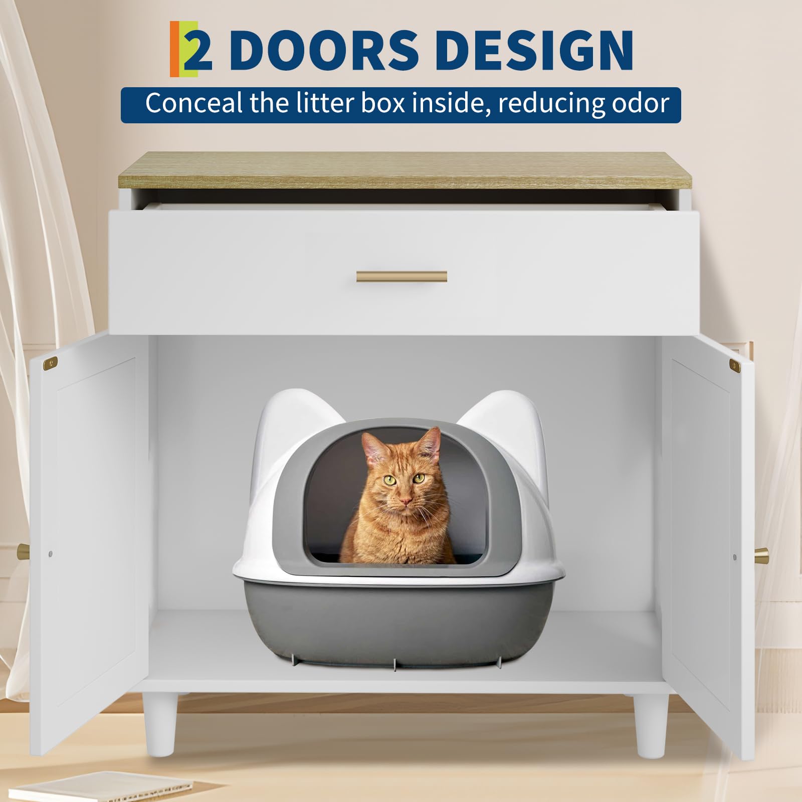 GarveeLife Hidden Cat Litter Box Furniture with Storage Drawer, Wood Cats Litter Enclosure Cabinet with 2 Sisal Doors, Hidden En