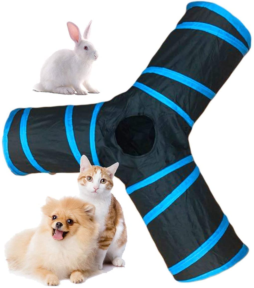 Pet Guard Cat Tunnel Toy 3 Way Collapsible For Indoor & Outdoor Play With Hanging Toy Ball For Cat, Rabbit, Guinea Pig (Blue)