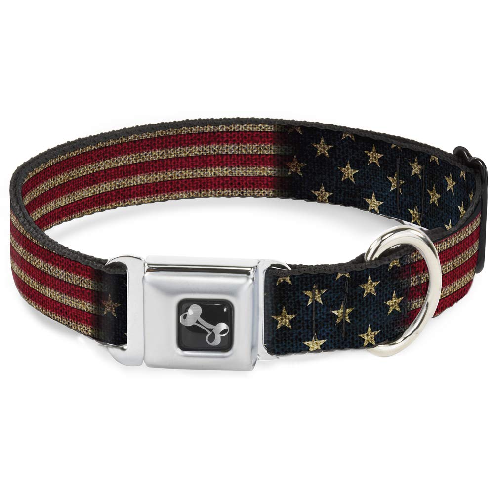 Buckle-Down Dog Collar Seatbelt Buckle Vintage Us Flag Stretch 11 To 17 Inches 1.0 Inch Wide, Multicolor (Dc-W32210-M)