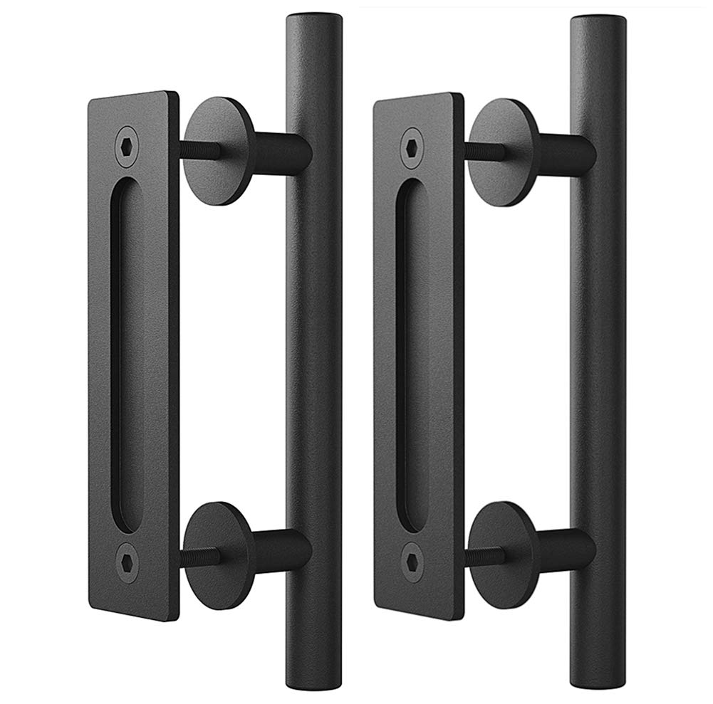 (2 Pack) Haritoft 12' Sliding Barn Door Handle Pull And Flush Hardware Set, Flat Back-Plate Design, Rustic Black