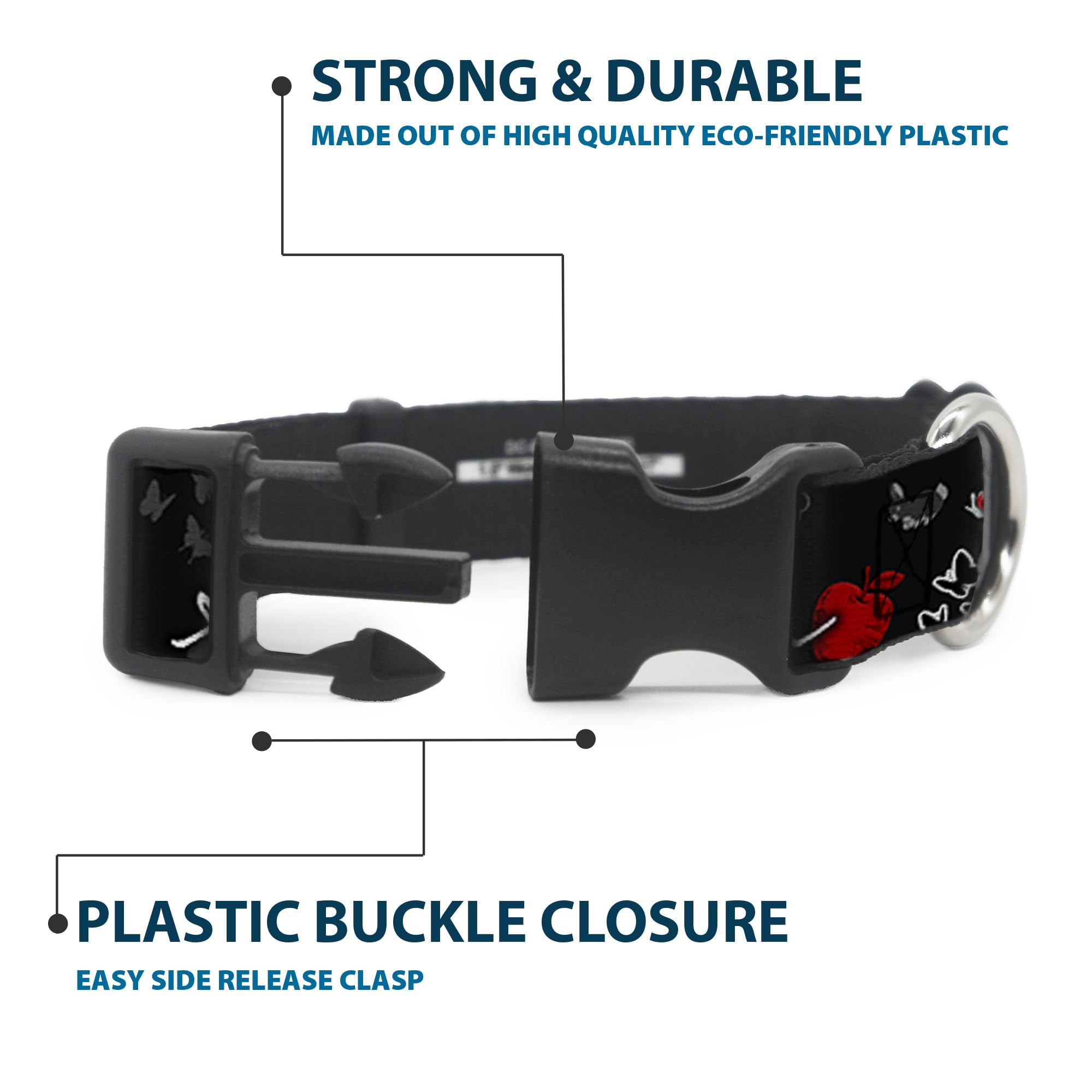 Buckle-Down Plastic Clip Collar - Snow White Apple Poses/Butterflies Black/Gray/Red - 1/2'' Wide - Fits 6-9'' Neck - Small