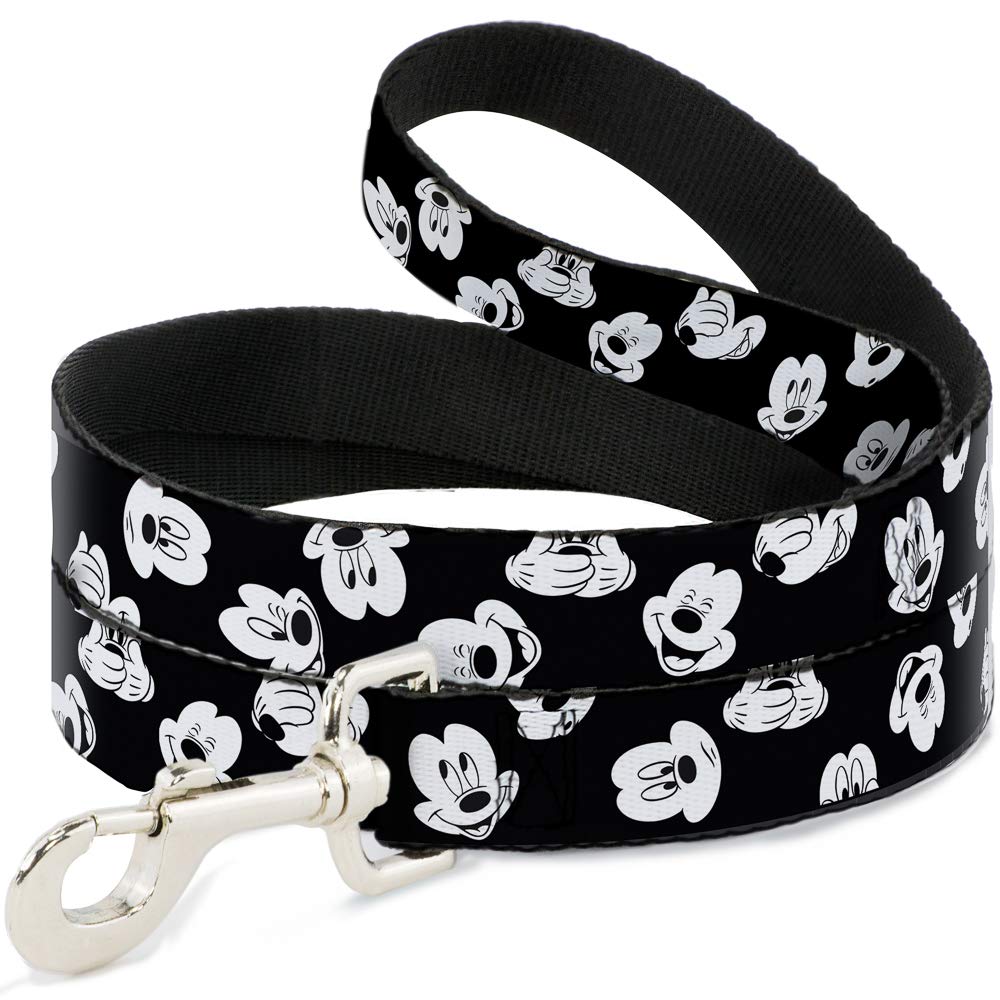 Buckle-Down Pet Leash - Mickey Mouse Expressions Scattered Black/White - 6 Feet Long - 1.5'' Wide