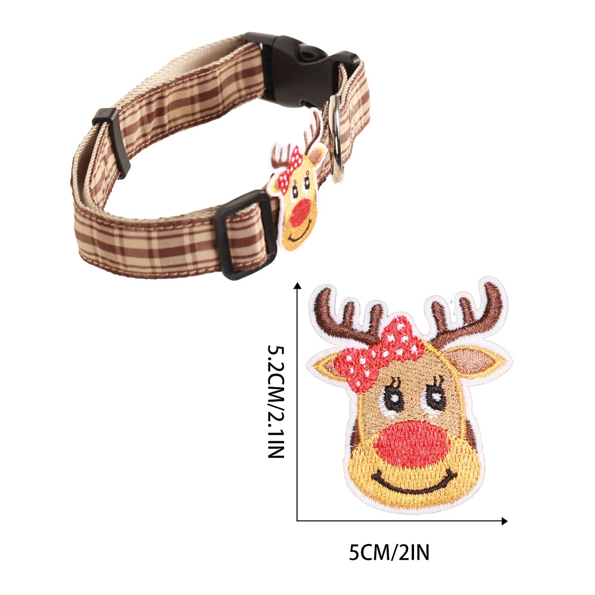 Holiday Winter Dog Collars With Cute Reindeer Decor,Khaki Buffalo Plaid Pattern,Adjustable For Medium Large Dogs