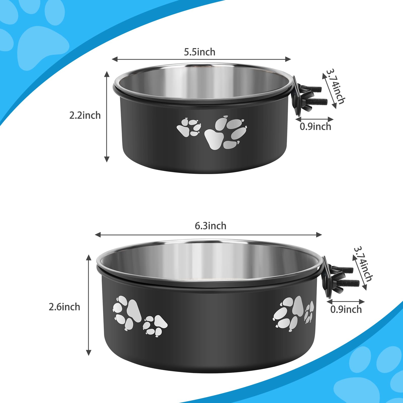Offkitsly Kennel Water Bowl Hanging, Stainless Steel Dog Crate Water Bowl No Spill, 2 Pack Hanging Dog Bowls For Kennel Cage Cra