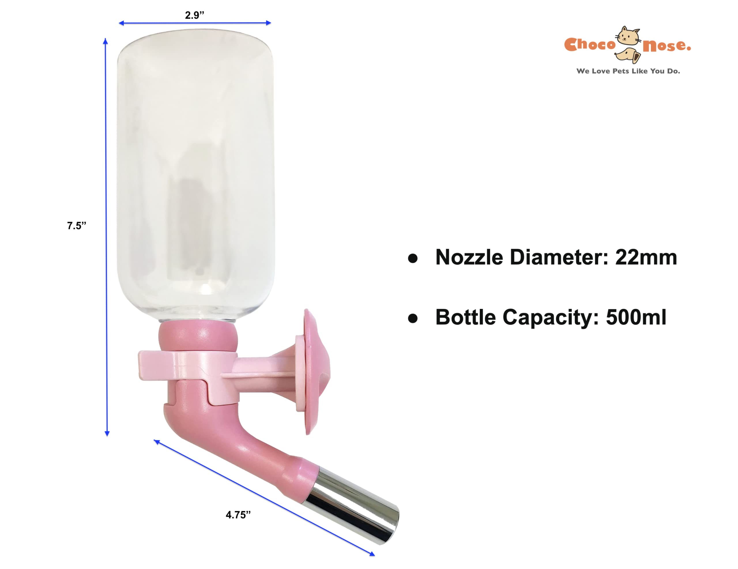 Choco Nose Patented Large No-Drip Water Bottle/Feeder Only For Large Size Dogs Over 50 Lbs - For Wire Cages, Crates Or Kennels. 16 Oz. X-Large Nozzle 22Mm, Pink (H570)