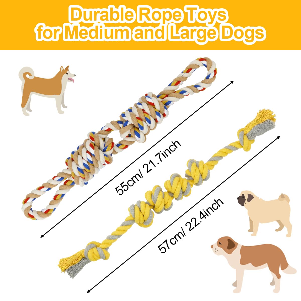 ETACCU Dog Rope Toys for Large & Medium Dogs, 2 Pack 22 Inch Tug of War Dog Toy for Aggressive Chewers, 100% Cotton Rope Dog Toy