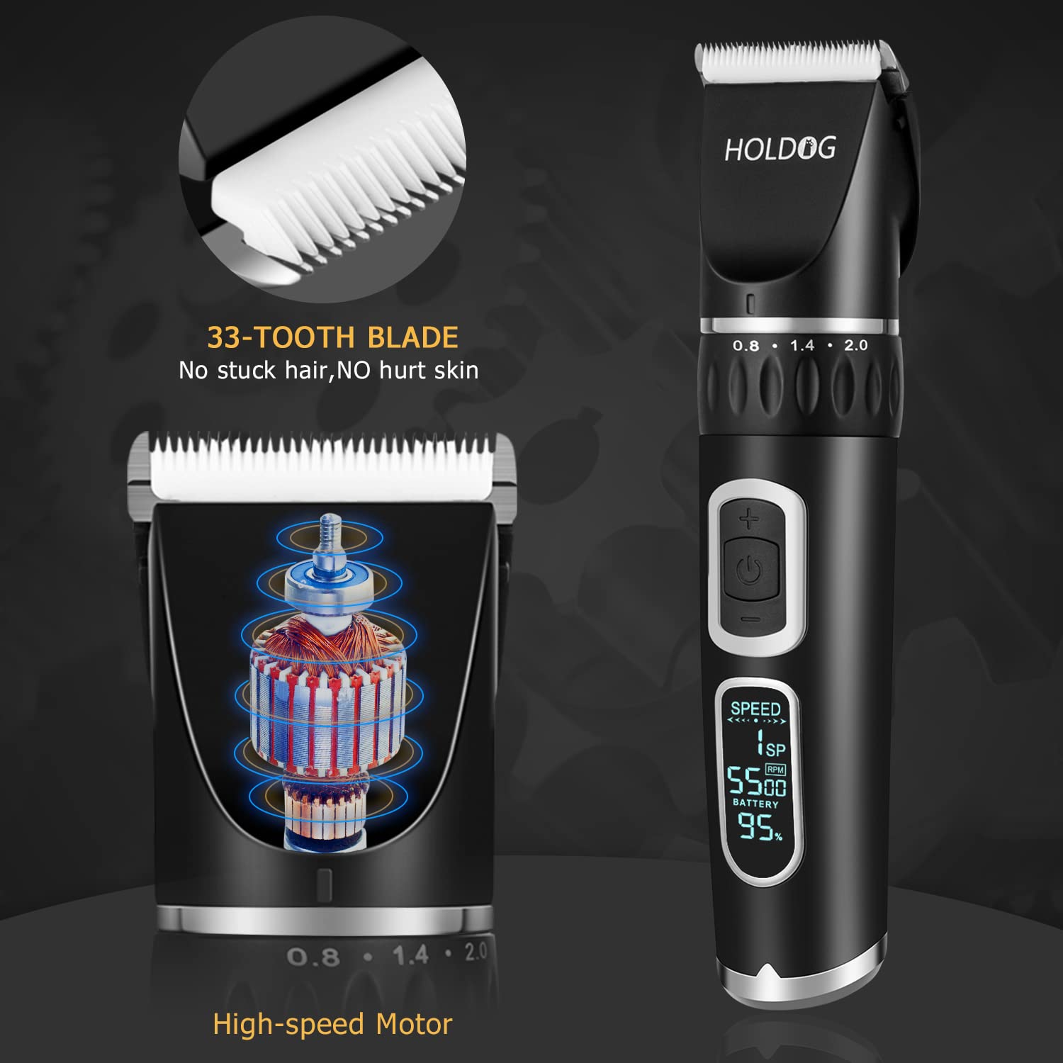 Dog Clippers Professional Heavy Duty Dog Grooming Clipper 3-Speed Low Noise High Power Rechargeable Cordless Pet Grooming Tools