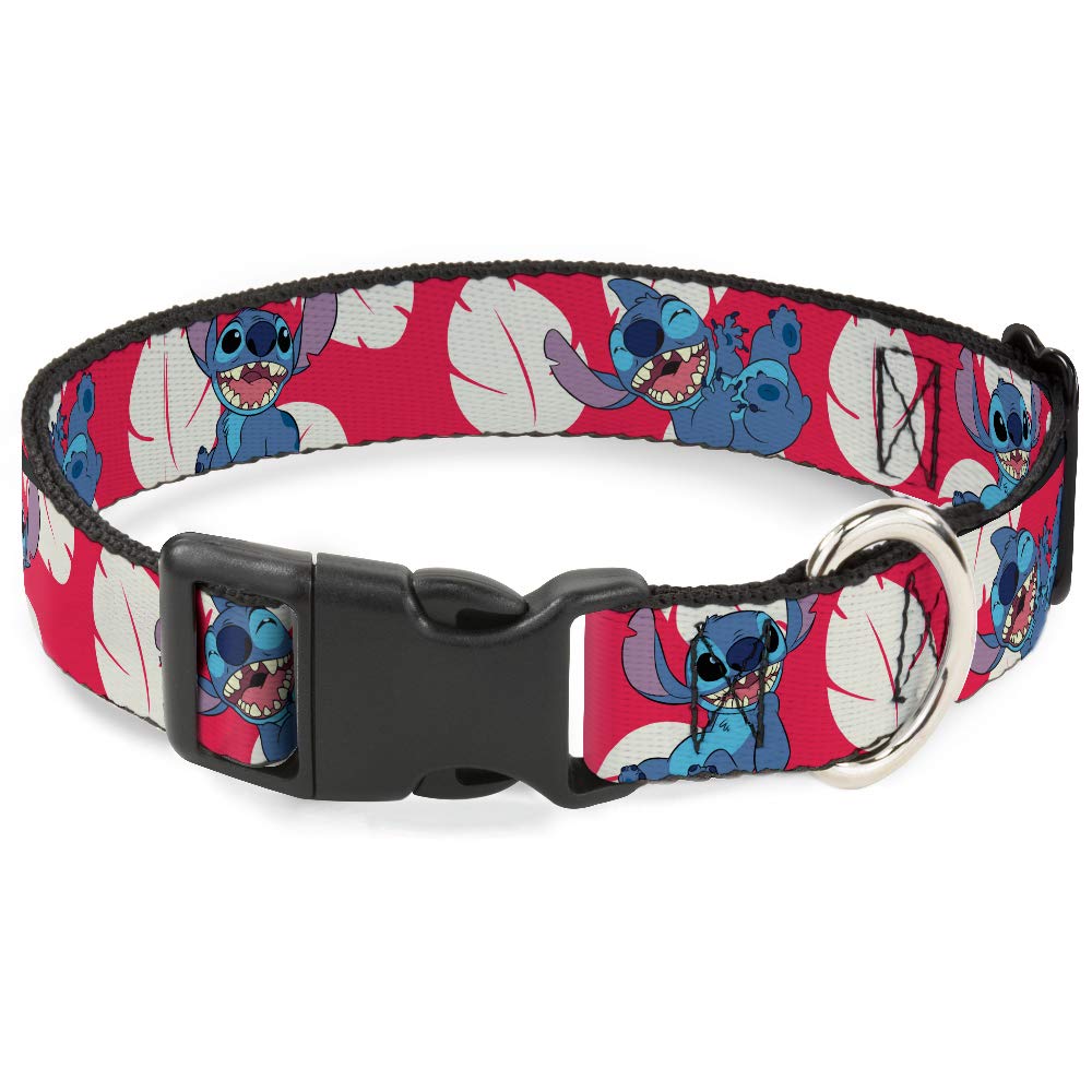 Buckle-Down Dog Collar Plastic Clip Lilo Stitch 4 Poses Lilo Dress Leaves Red Ivory 9 To 15 Inches 0.5 Inch Wide