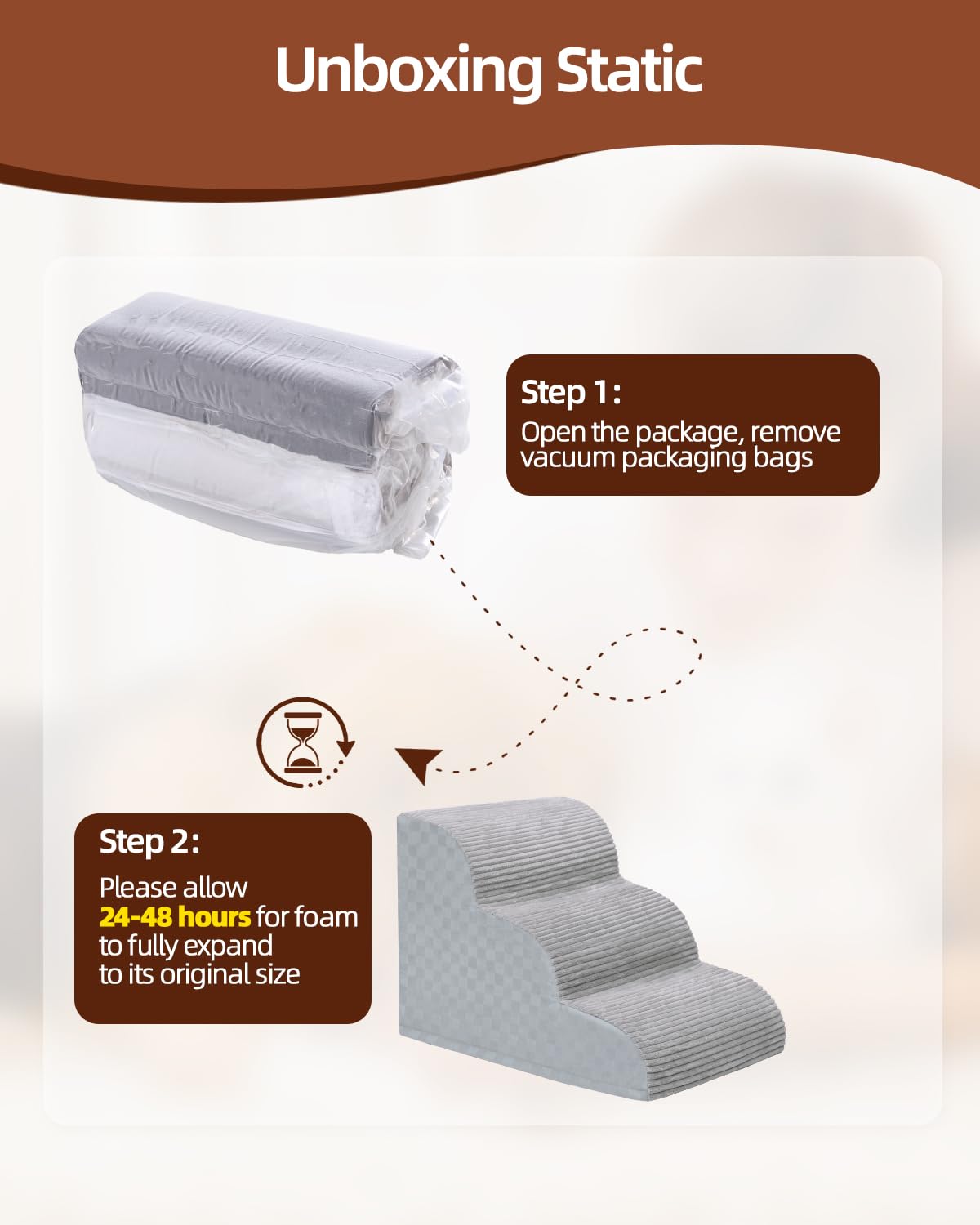 Dog Stairs Ramp for Couch 15.7 H, 3-Step Pet Stairs for Small Dogs with High Density Foam, Dog Slope Stairs with Durable Non-Sli