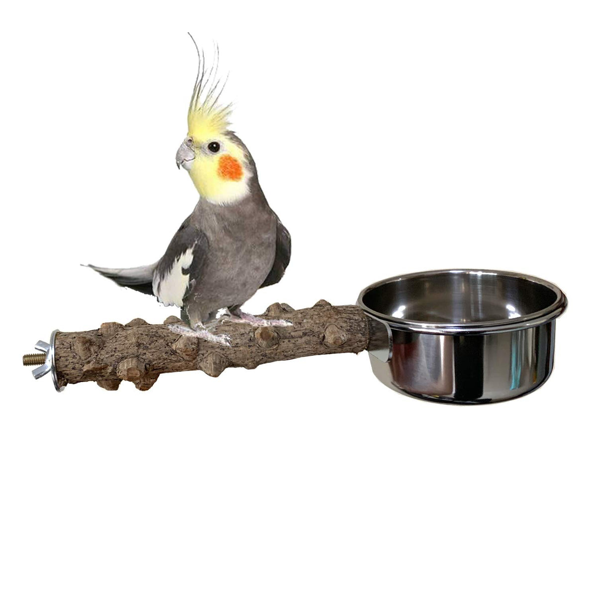 Vehomy Natural Wood Bird Perch With Stainless Steel Food & Water Bowls - Cockatiel, Conure, Budgie, Parakeet & Parrot Platform Stand