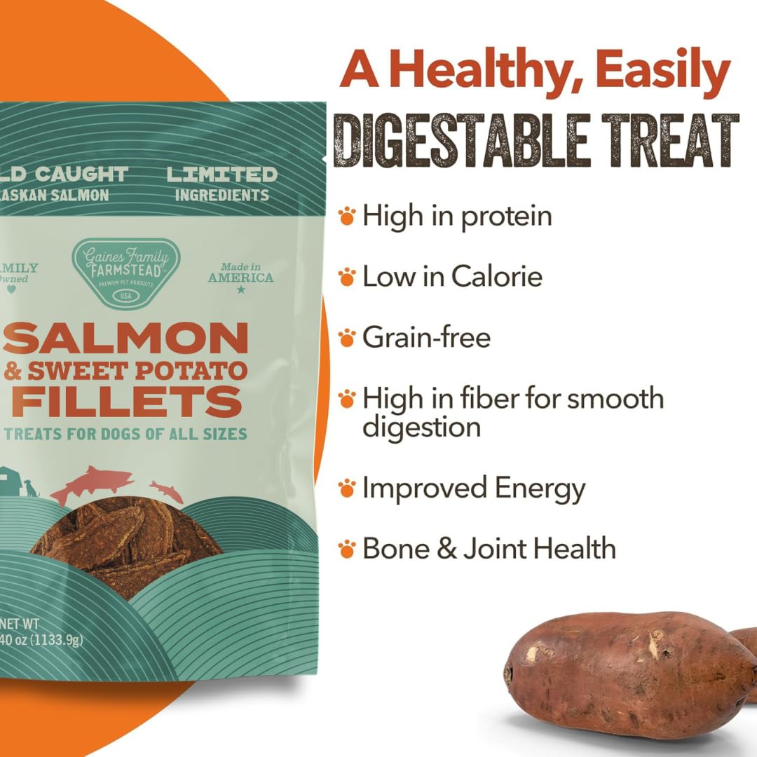 Gaines Family Farmstead Salmon & Sweet Potato Fillets, All-Natural Dog Treats - Wild Caught Alaskan Salmon, Soft Chew, Limited I