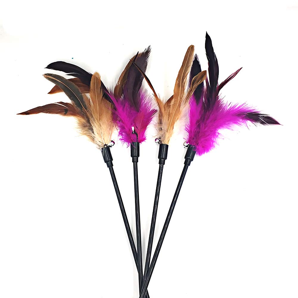 Cat Wand Toys, 4 Pcs Interactive Cat Teaser Wand Cat Feather Toys With Loud Bell - 20'' Long Wand For Cat And Kitten