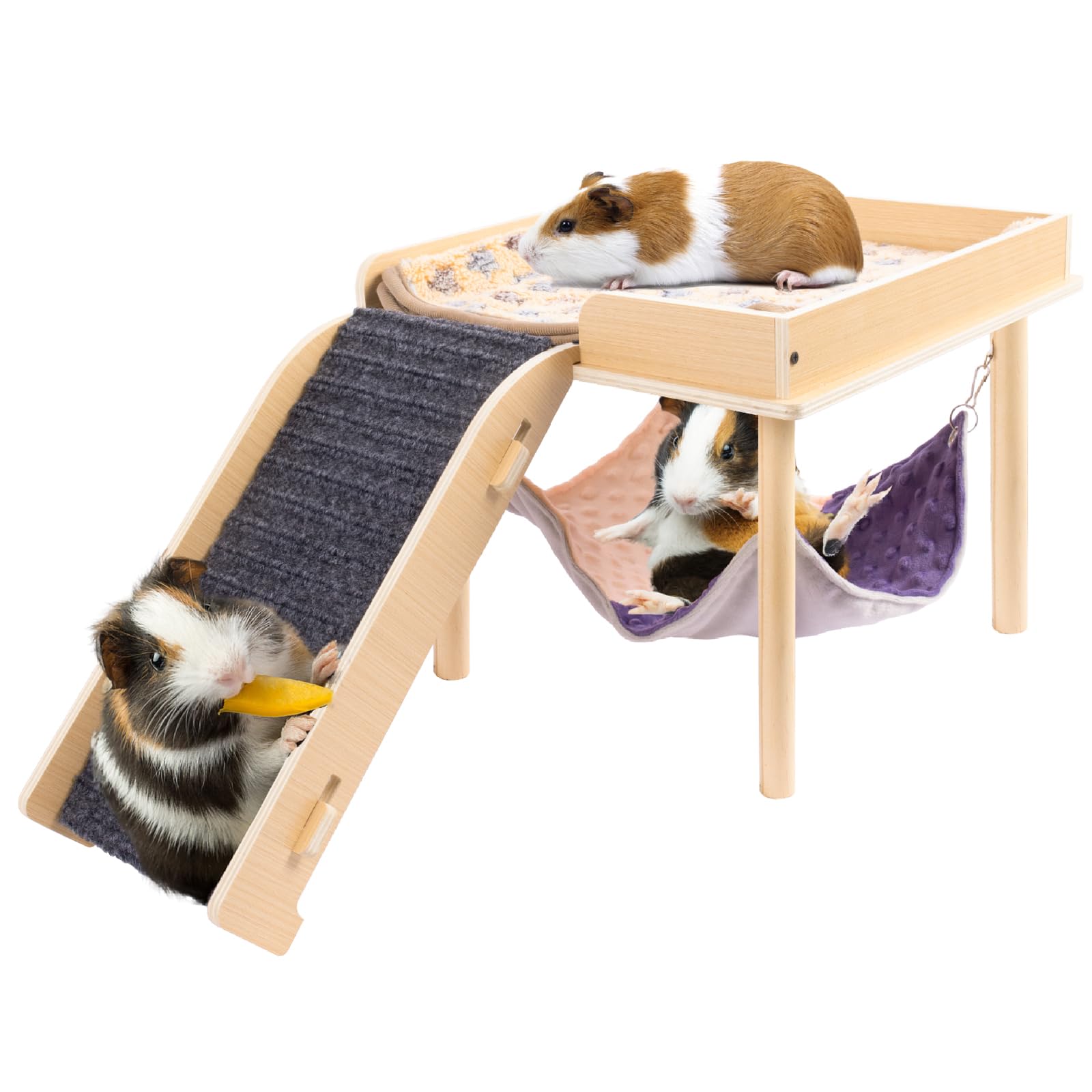 Besnew Enlarged Guinea Pig Hammock With Platform And Stairs,Wooden Small Animal Hideout For Guinea Pigs Bunny Ferret Hamster Hid
