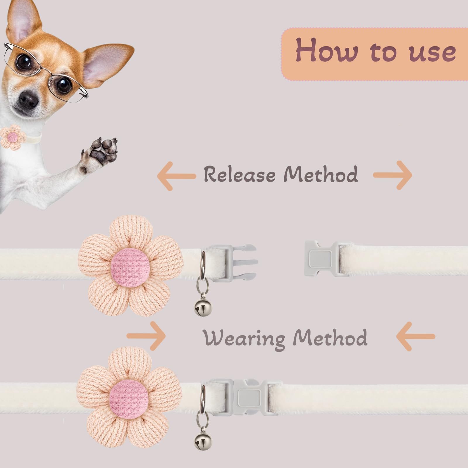 Puppy Collars, Small Dog Collars For Small Dogs With Bellxs Dog Collars For Girl Boy With Flower (White + Purple + Yellow)