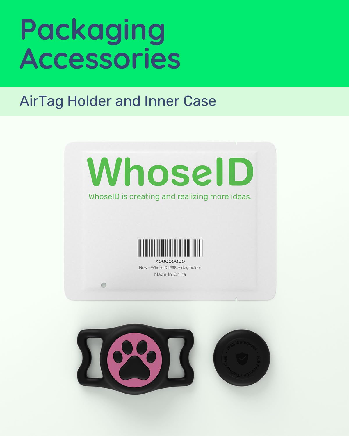 WhoseID IP68 Waterpoof Dog Air tag Holder, Stretchy Silicone Full Body Covered Apple Air Tag Holder for Dog Cat Collar Fit All W