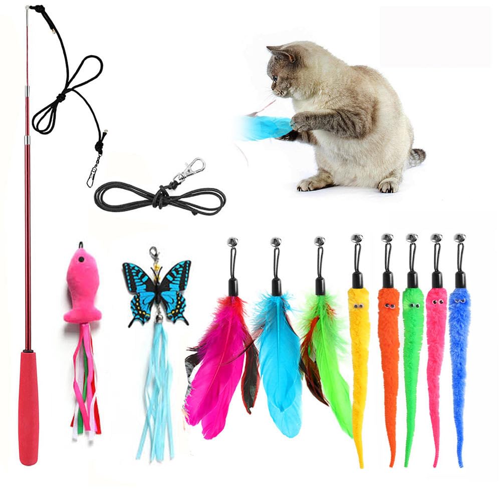 M Jjypet Retractable Cat Toy Wand, 12 Packs Interactive Cat Feather Toys, 9 Assorted Teaser Refills With Bell For Kitten (Pink)