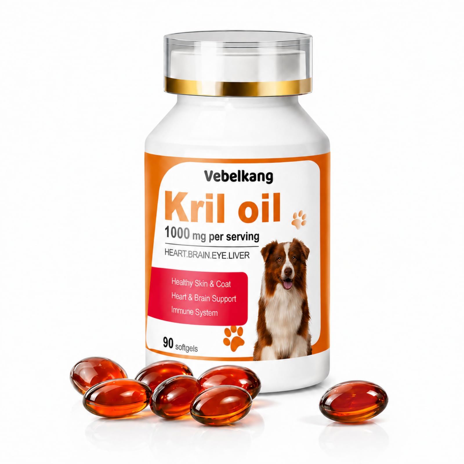 Vebelkang Krill Oil Omega 3 Supplement for Dogs, Allergy & Itch Relief, Skin and Coat Support for Shedding, Softgels for Joint H
