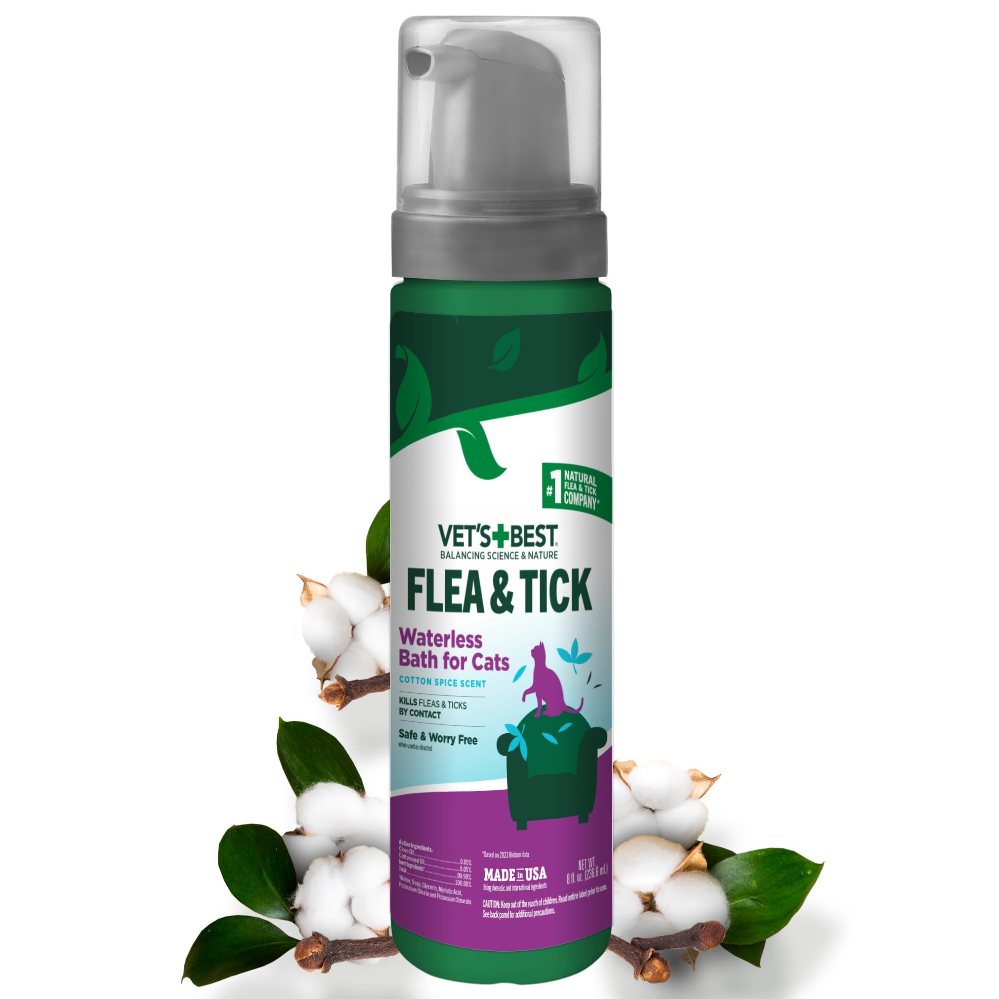 Vets Best Flea & Tick Waterless Bath for Cats - Cat Waterless Bath - Kills Fleas & Tick - Natural Flea and Tick Prevention - Ki