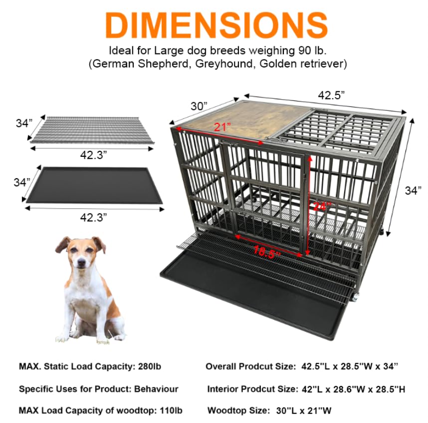 BOLDBONE 42 Furniture Dog Crate for Large Dogs, Heavy Duty Dog Kennel Indoor with Removable Crate Trays, Wheels and Stylish Wood