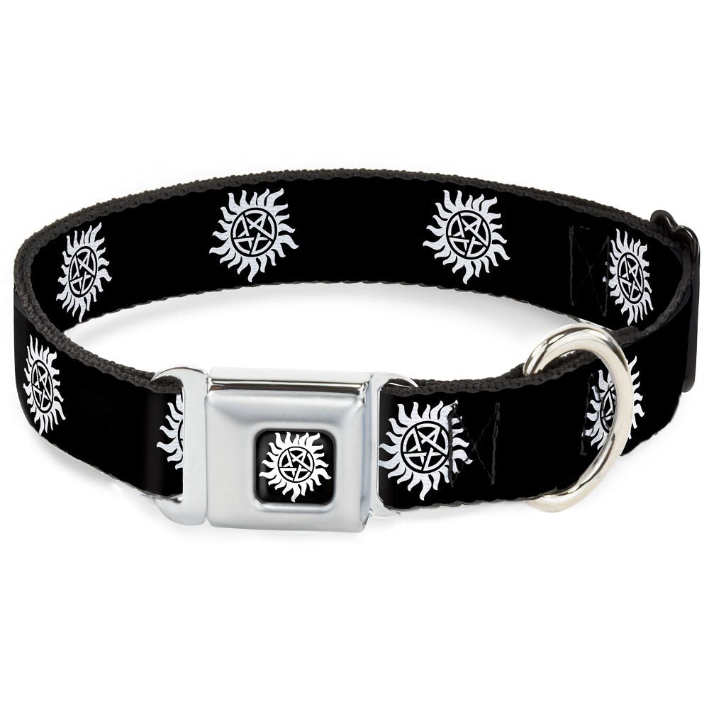 Buckle-Down Dog Collar Seatbelt Buckle Winchester Pentagram Repeat Black White 13 To 18 Inches 1.5 Inch Wide