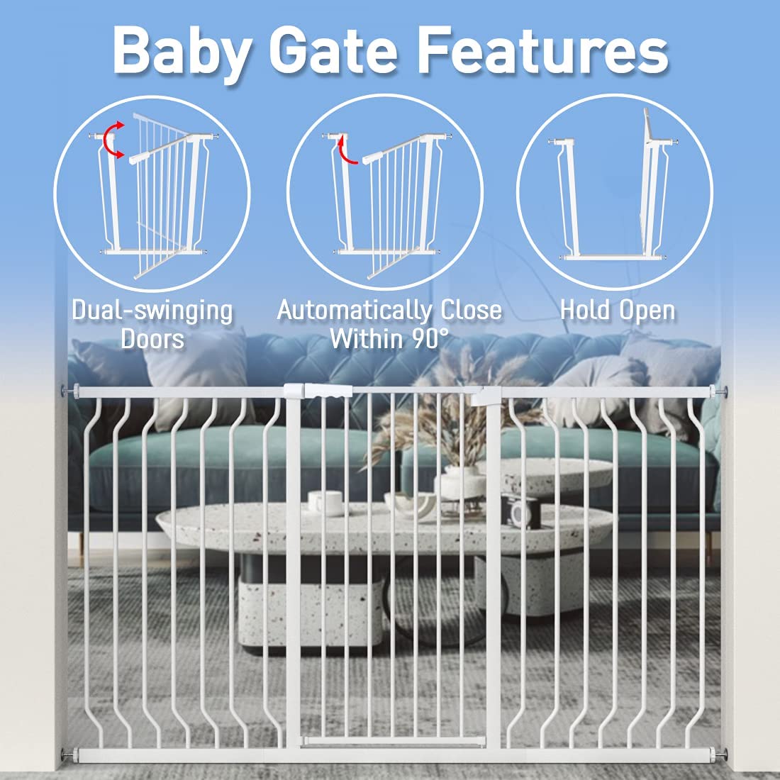 WAOWAO Extra Tall 40.55'' Baby Gate 29.92-46.85'' Wide Pressure Mounted Walk Through Swing Auto Close Safety White Metal Toddler