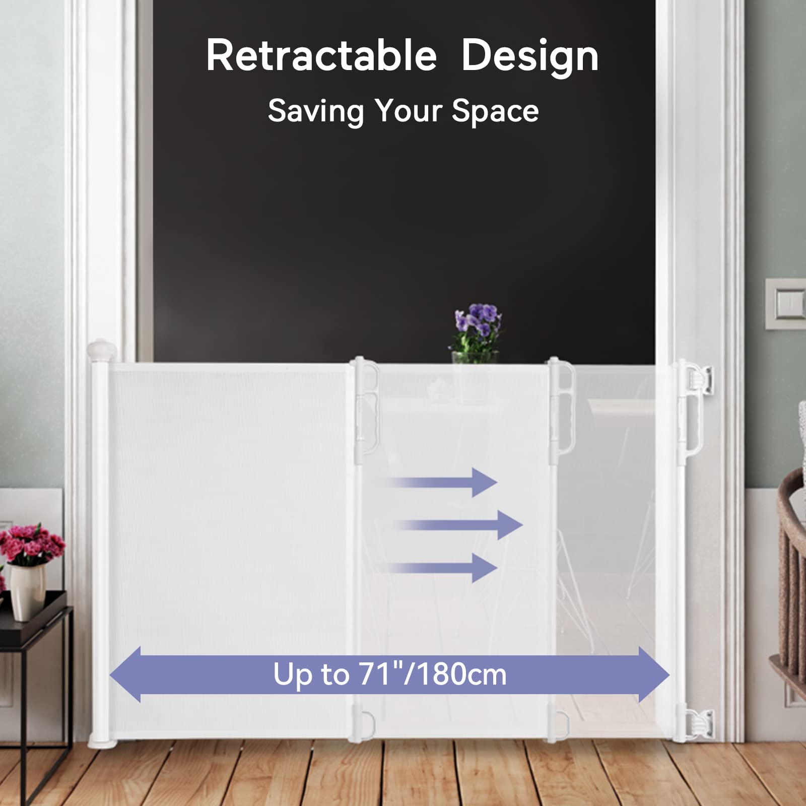 Momcozy Retractable Baby Gate - Extra Wide 33" Tall x 71" Wide, White, Polyester, Ideal for Stairs, Doorways, Indoor/Outdoor Use