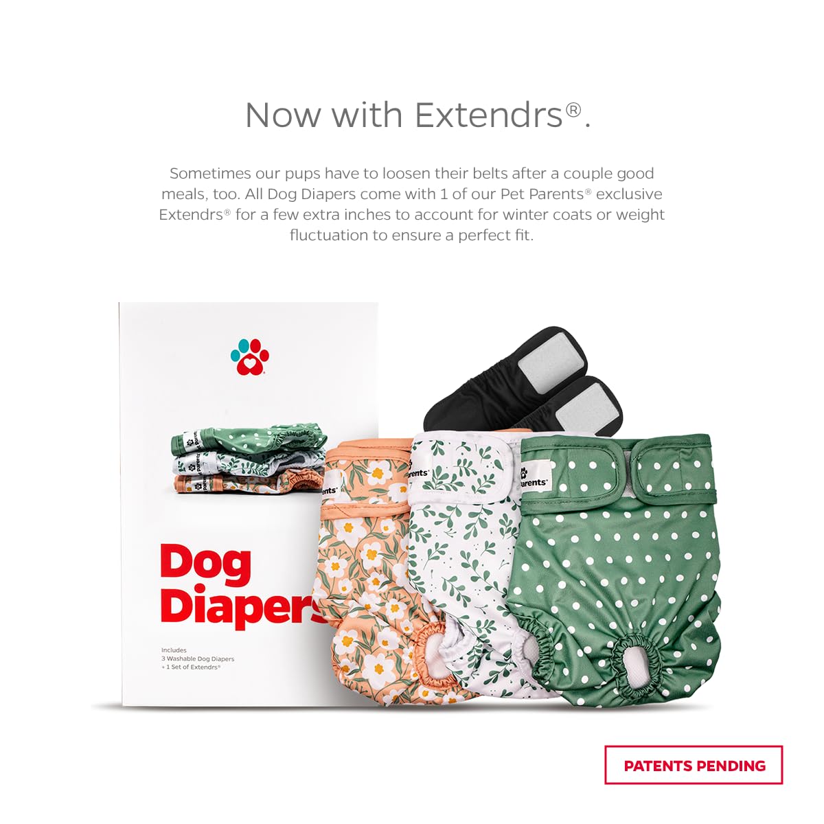 Pet Parents Washable Dog Diapers (3Pack) + Extendrs Of Durable Doggie Diapers, Premium Dog Diapers Female (X-Small, Daisy)