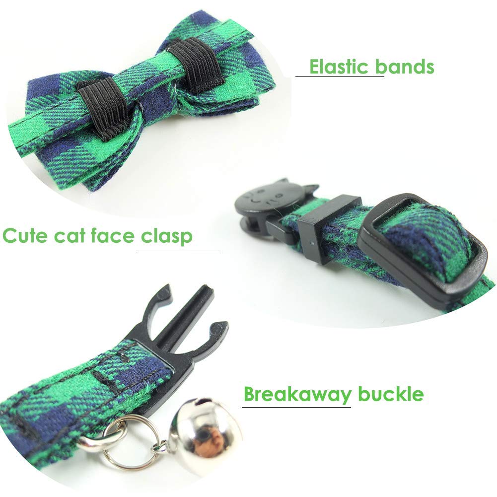 Cat Collar Breakaway With Bell And Bow Tie, Plaid Design Adjustable Safety Kitty Kitten Collars Set Of 2 Pcs (6.8-10.8In) (Green&Light Blue Brown)
