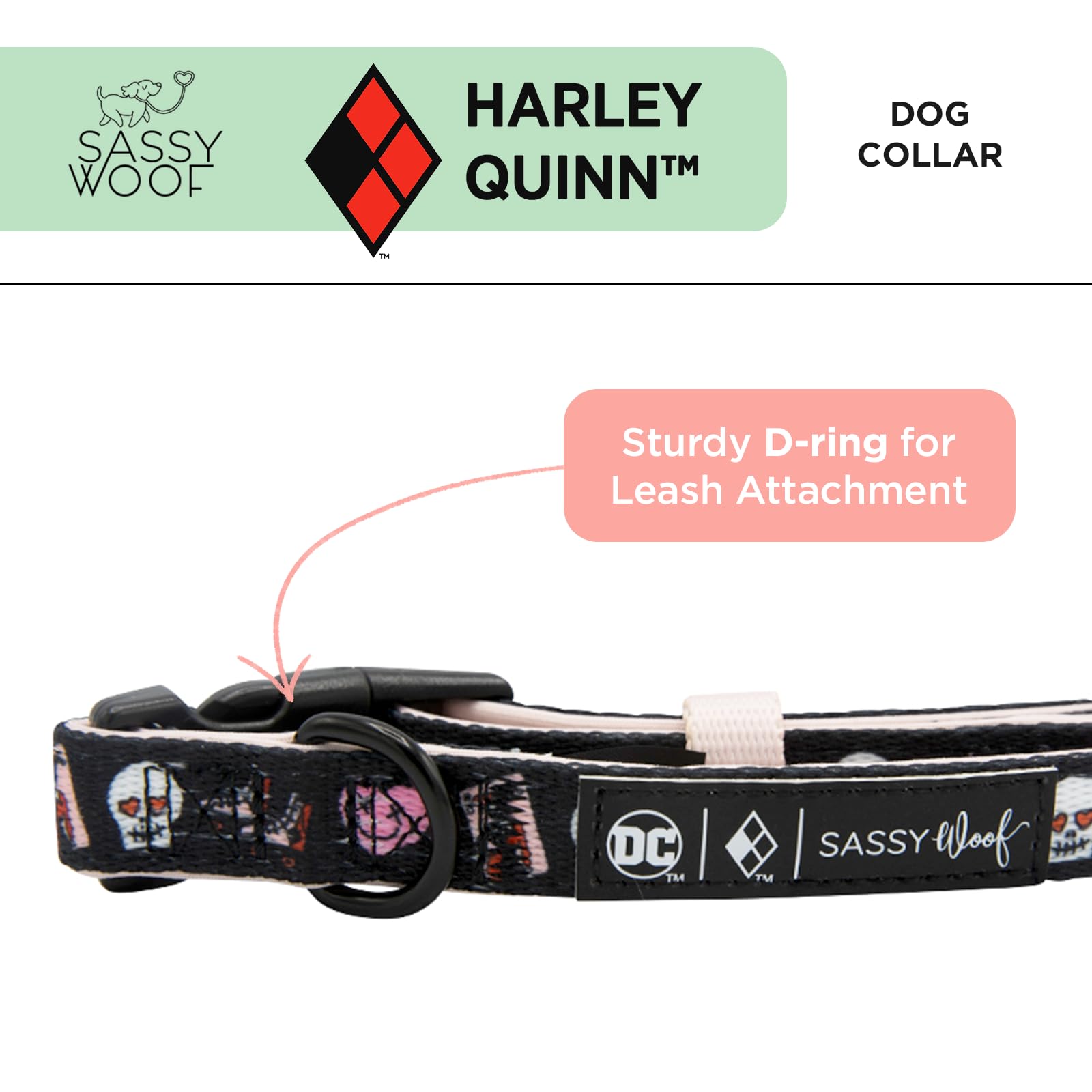 Sassy Woof Dog Collar Harley Quinn - S, Adjustable, Durable, Comfortable And Stylish Pet Accessories For Small Dogs - Officially