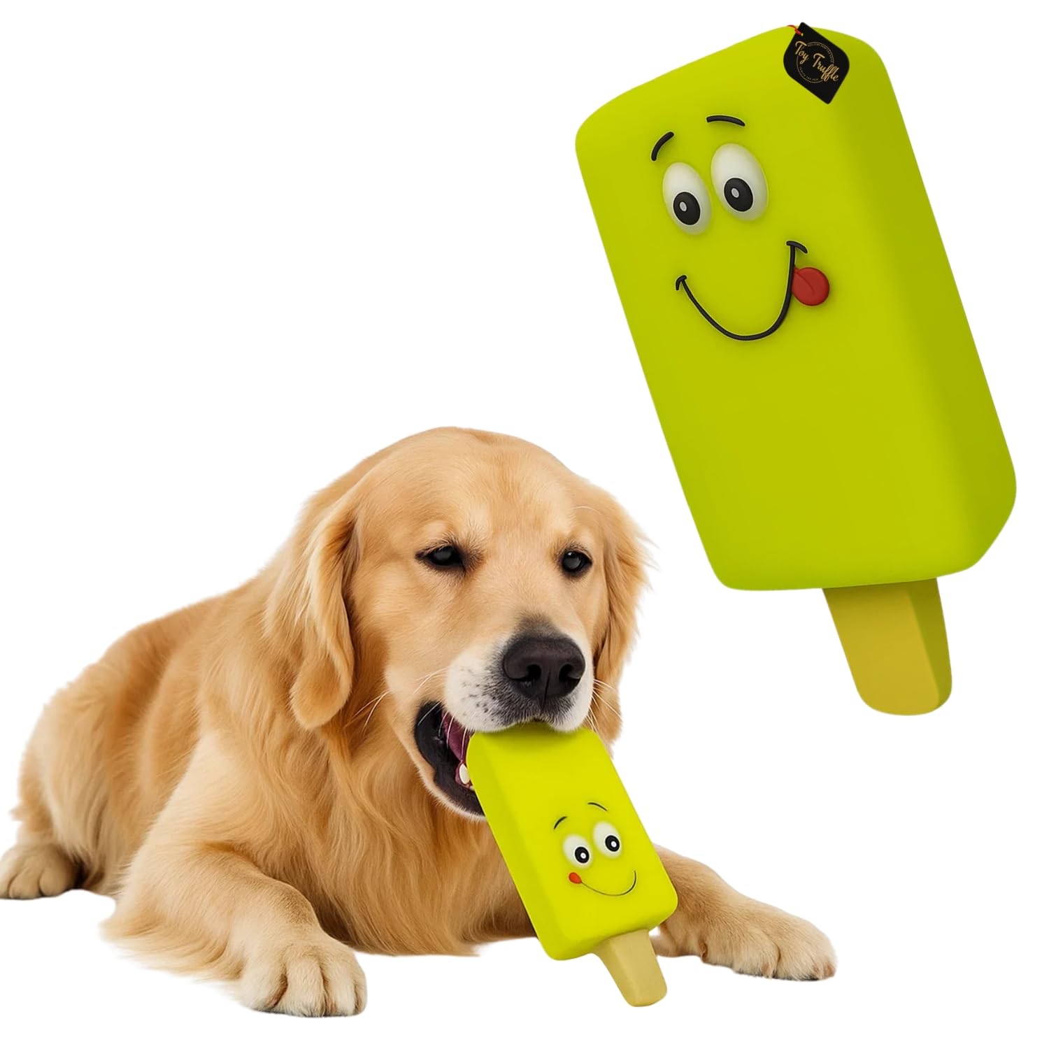 Toy Truffle Lime Popsicle Dog Squeaky Toy | Cute Smiley Face Ice Cream Stick for Dogs & Puppies | Soft Chew Rubber Toy with Buil
