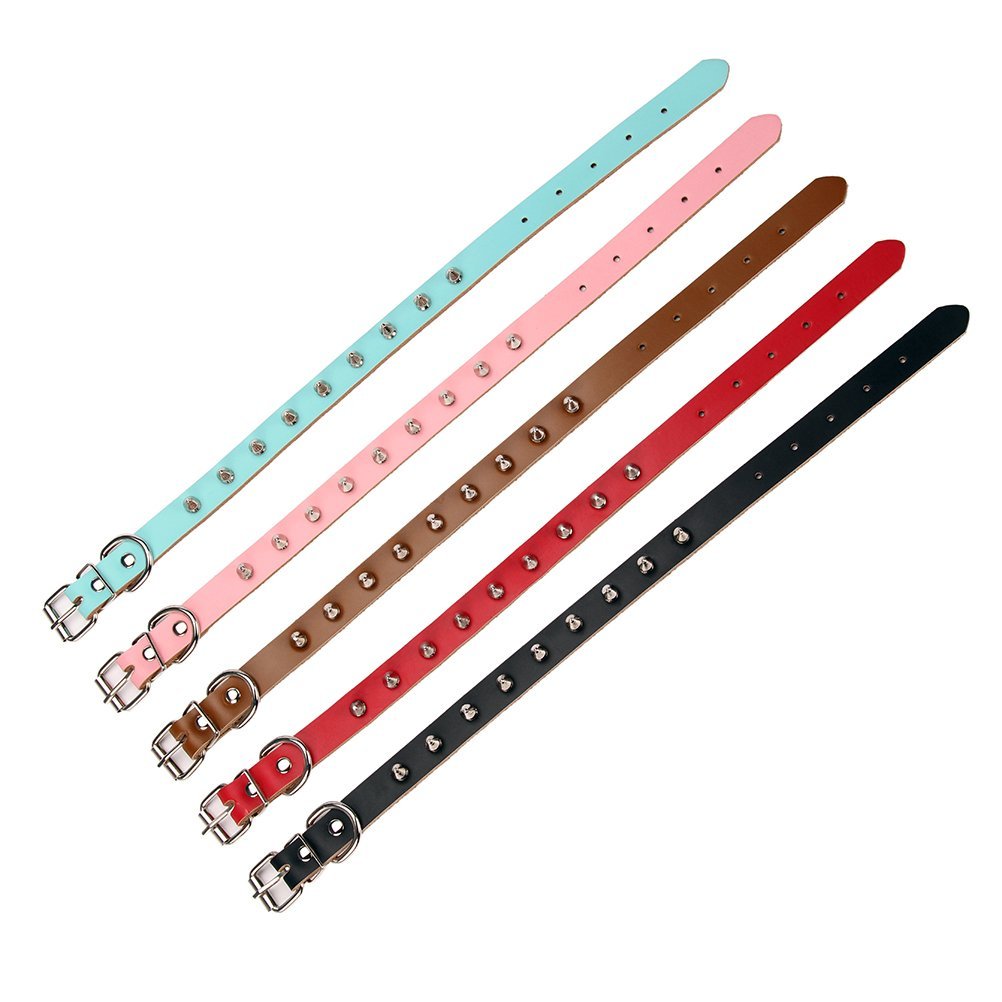 Aolove Basic Classic Adjustable Genuine Cow Leather Pet Collars For Cats Puppy Dogs (Medium, Blue-Spiked Rivet)