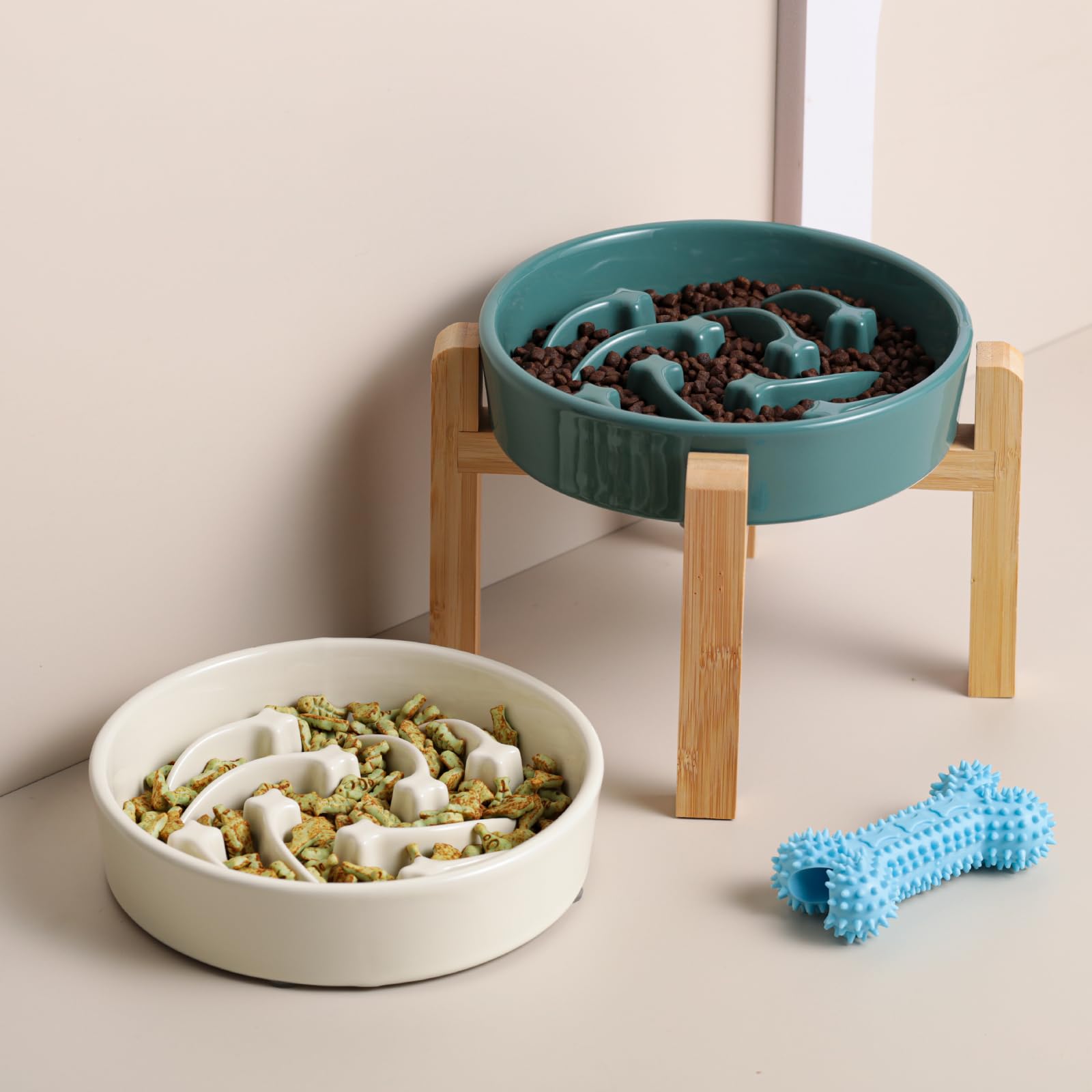 8.26 in Deep Green Dog Bowl Slow Feeder Ceramic for Medium and Large Breed,Elevated/Raised Slow Feeding Dog Food Water Dish Heav