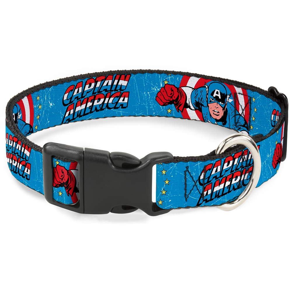 Dog Collar Plastic Clip Captain America Action Pose Weathered Blue 15 To 26 Inches 1.0 Inch Wide