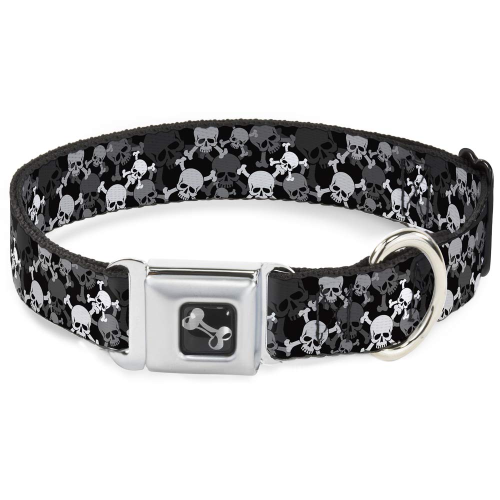 Buckle-Down Seatbelt Buckle Dog Collar - Top Skulls Stacked Black/Gray/White - 1' Wide - Fits 15-26' Neck - Large