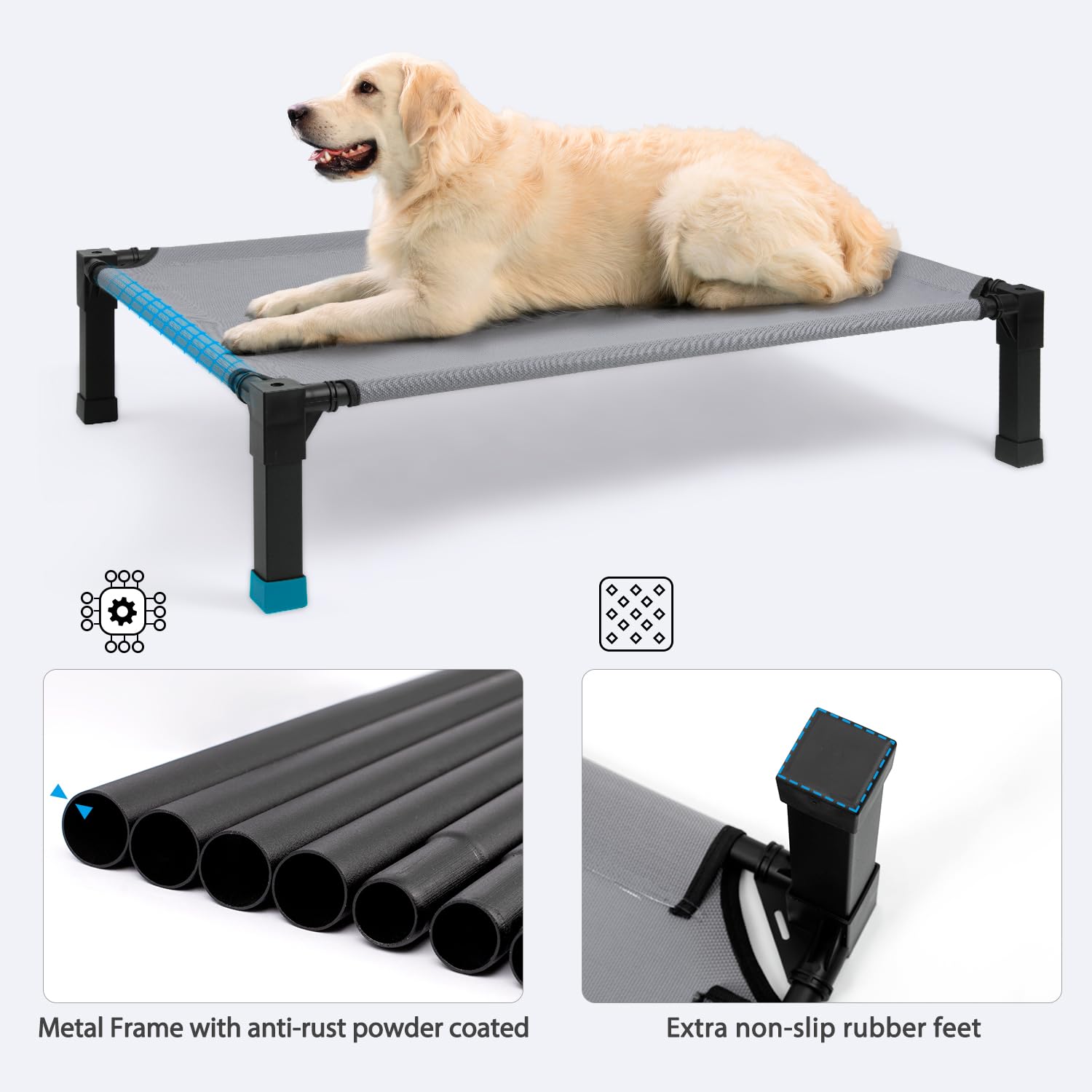 Cooling Elevated Dog Bed, Raised Dog Bed with Washable Breathable Mesh and Metal Frame, Portable Dog Cot Bed with No-Slip Feet f