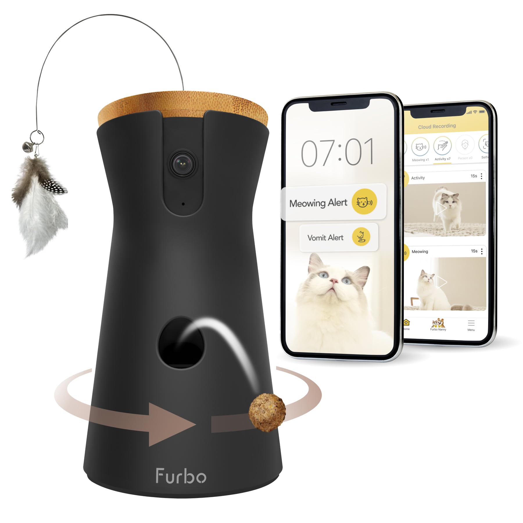 Furbo 360° Cat Camera + Nanny Bundle: Home Security & Cat Safety Alerts, Rotating Pet Treat Dispenser Camera With Speaker, Smart Home Indoor Cam W Phone App (Additional Subscription Required At Setup)