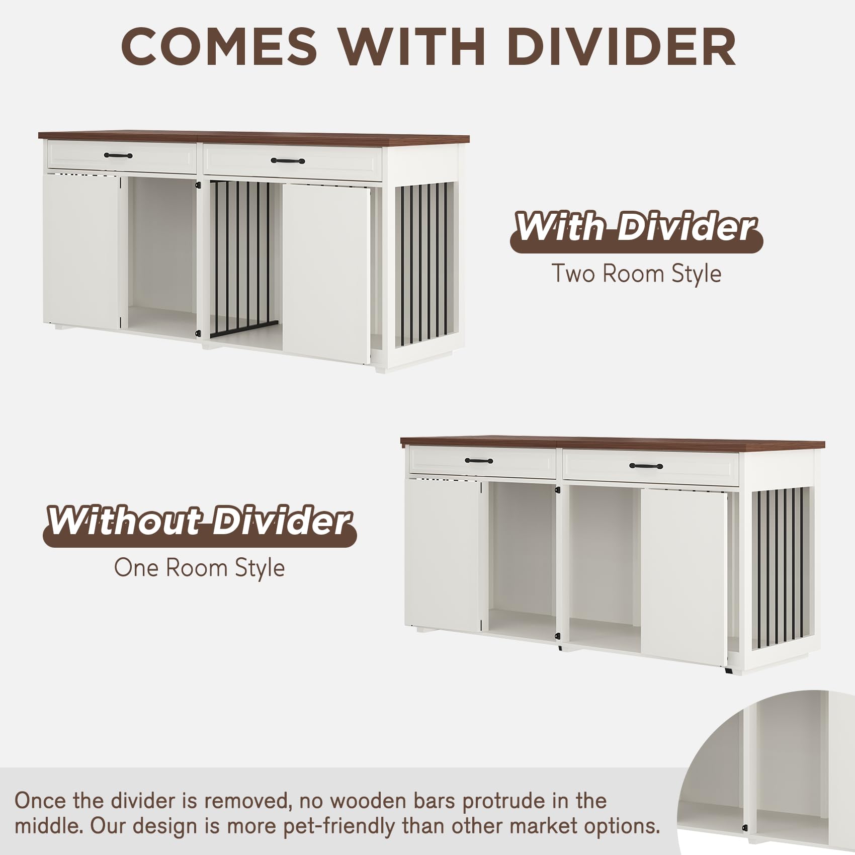 Furniture Style Dog Crate - Indoor Wooden Dog Kennel Furniture with 2 Drawers & Room Divider - 72 L x 23.6 W x 34 H - White