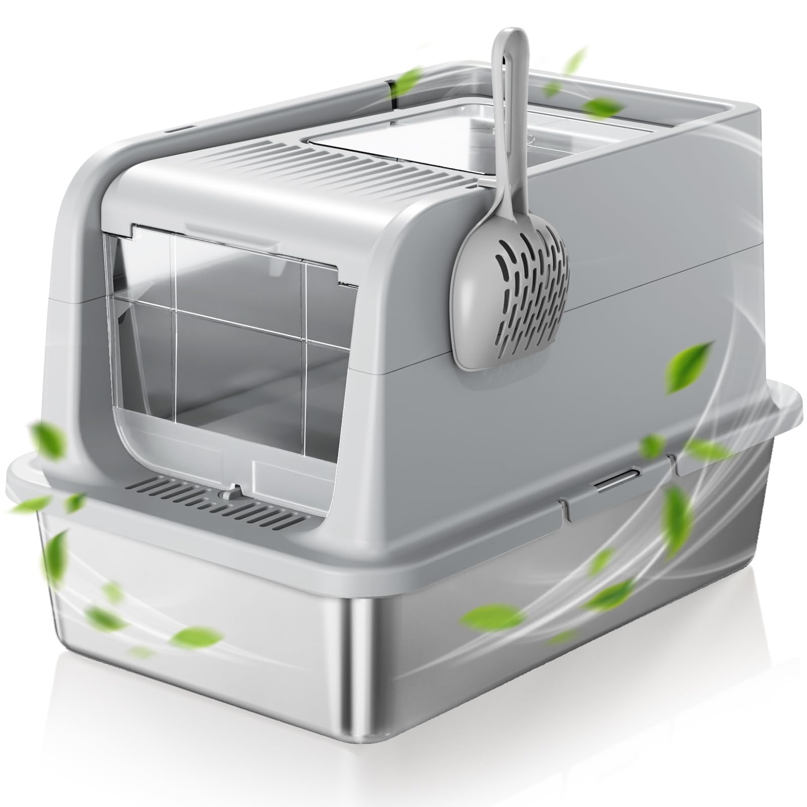 Courpal Stainless Steel Cat Litter Box With Lid - Xl Large Enclosed/Open Litter Box With Anti Leakage Enclosure - Odor Free Hood