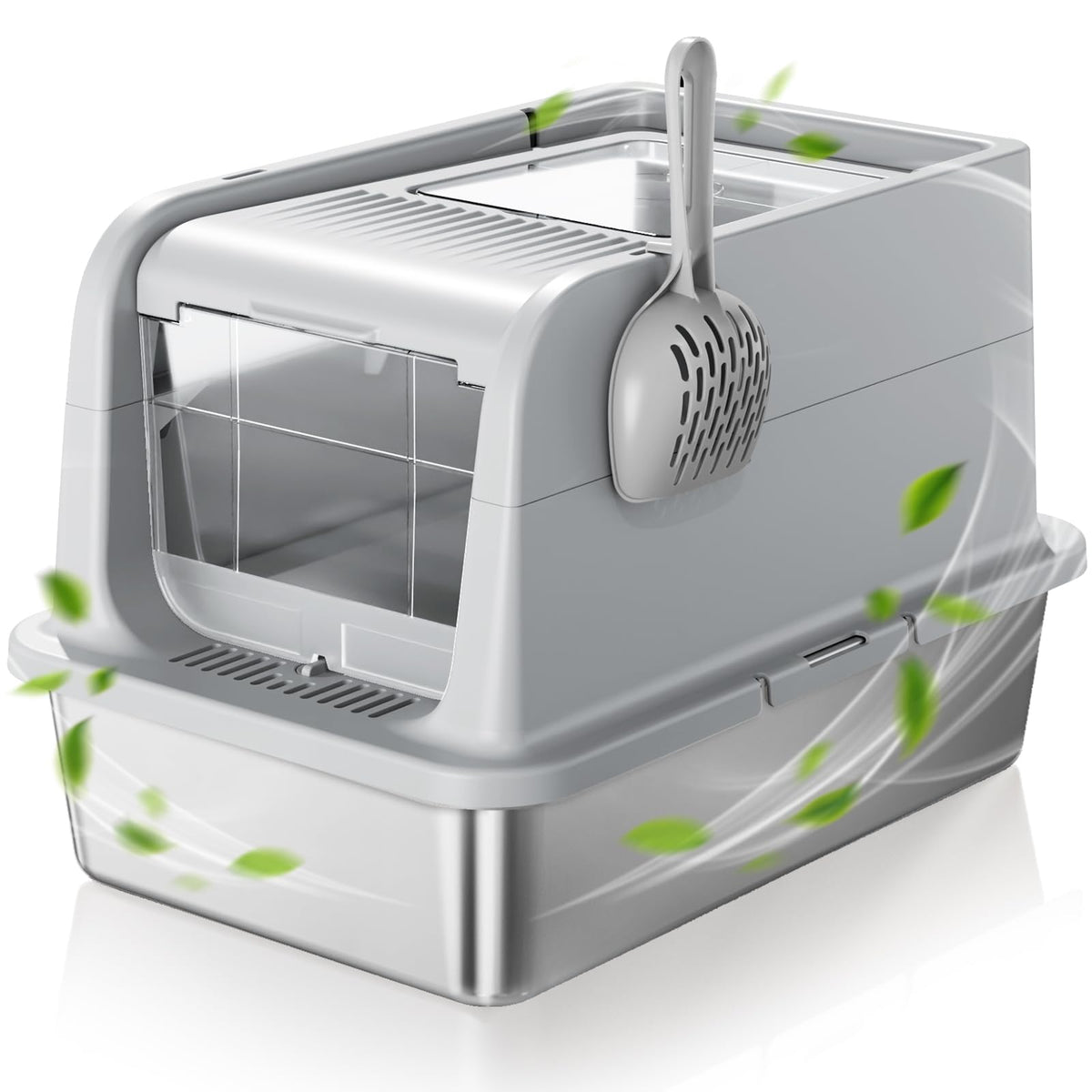 Courpal Stainless Steel Cat Litter Box With Lid - Fully Covered Litter Box With Anti Leakage High Enclosure - Xl Large Non-Stick