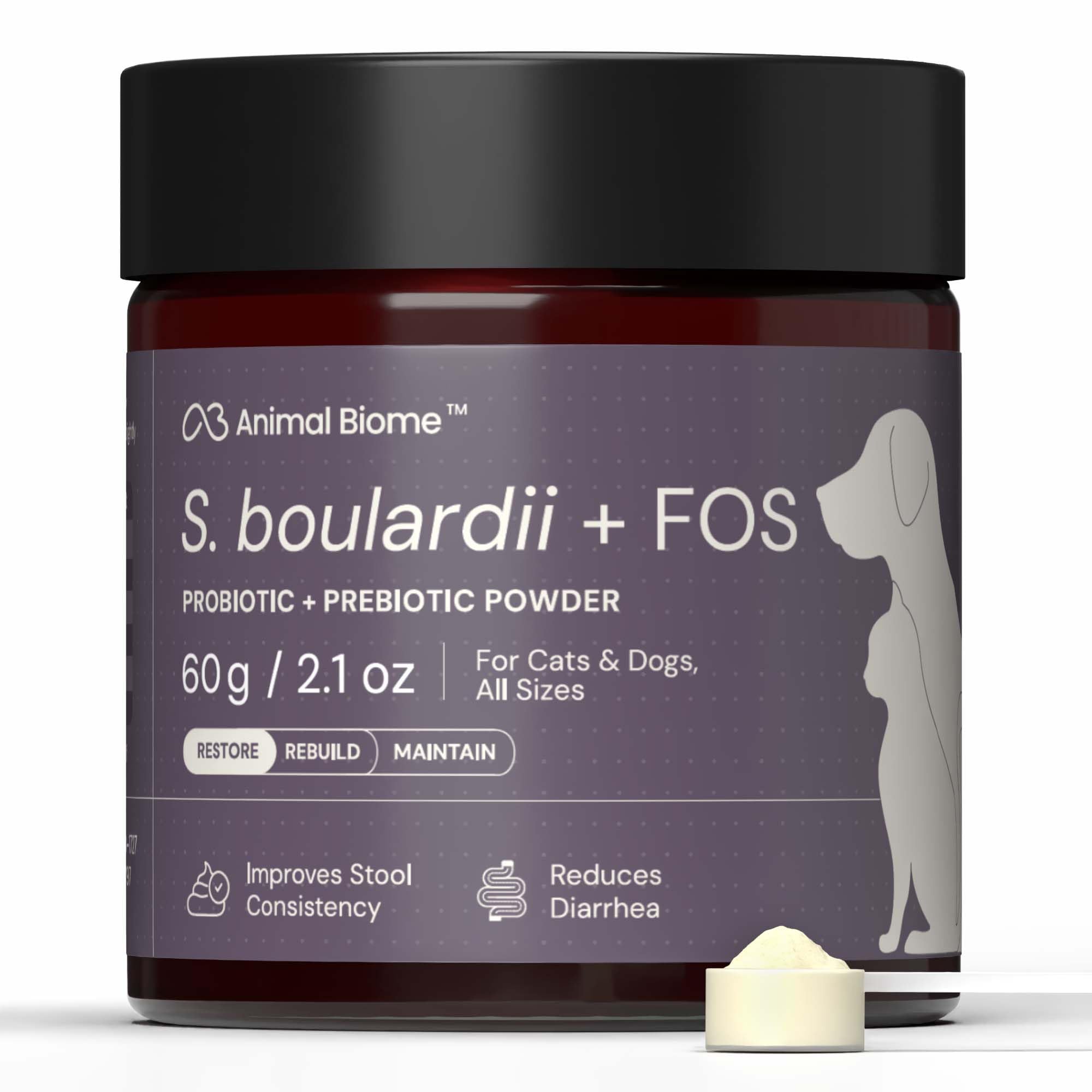 Animal Biome S. Boulardii + FOS Powder Probiotics for Dogs & Cats 60g (100 Scoops), Saccharomyces Boulardii Dog Probiotic + Preb