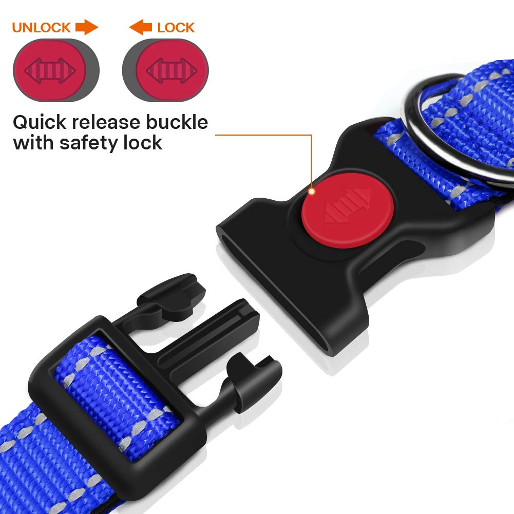 Taglory Reflective Dog Collar With Safety Locking Buckle, Adjustable Nylon Pet Collars For Large Dogs Female Male, Navy Blue, L