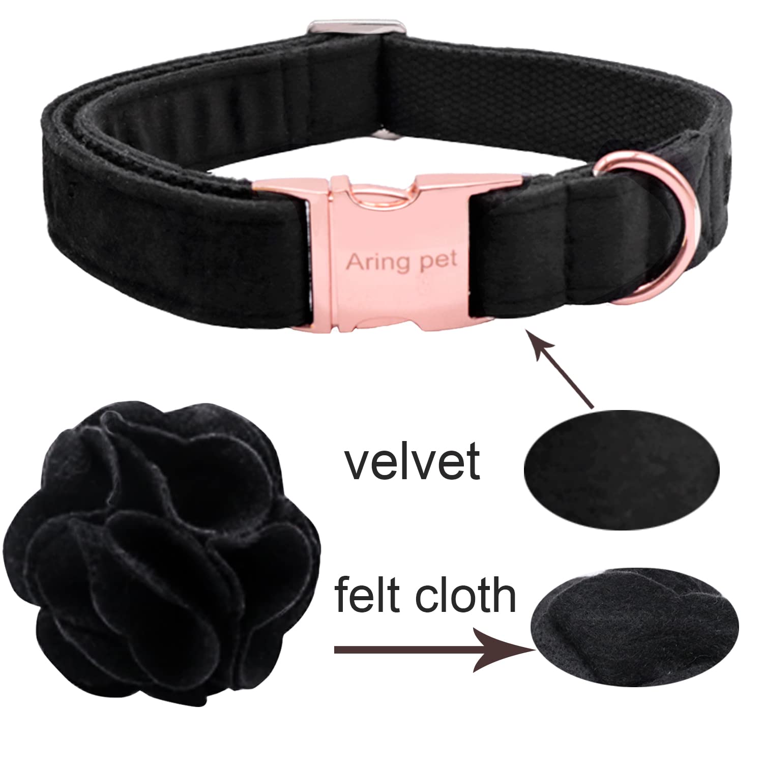 Aring Pet Velvet Dog Collar, Adorable Black Dog Collars With Detachable Felt Flower, Adjustable Soft Velvet Dogs Collar Flower With Metal Buckle For Small Medium Large Dogs