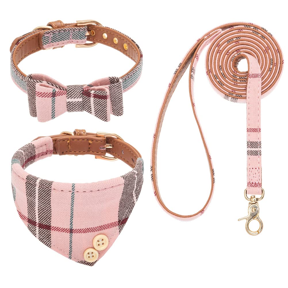 Expawlorer Dog Collar And Leash Set - Classic Plaid Dog Bow Tie And Dog Bandana Collar, Dog Leash Tangle Free, Adjustable Collars For Small Medium Large Dogs Cats, Holiday Ideal Gift