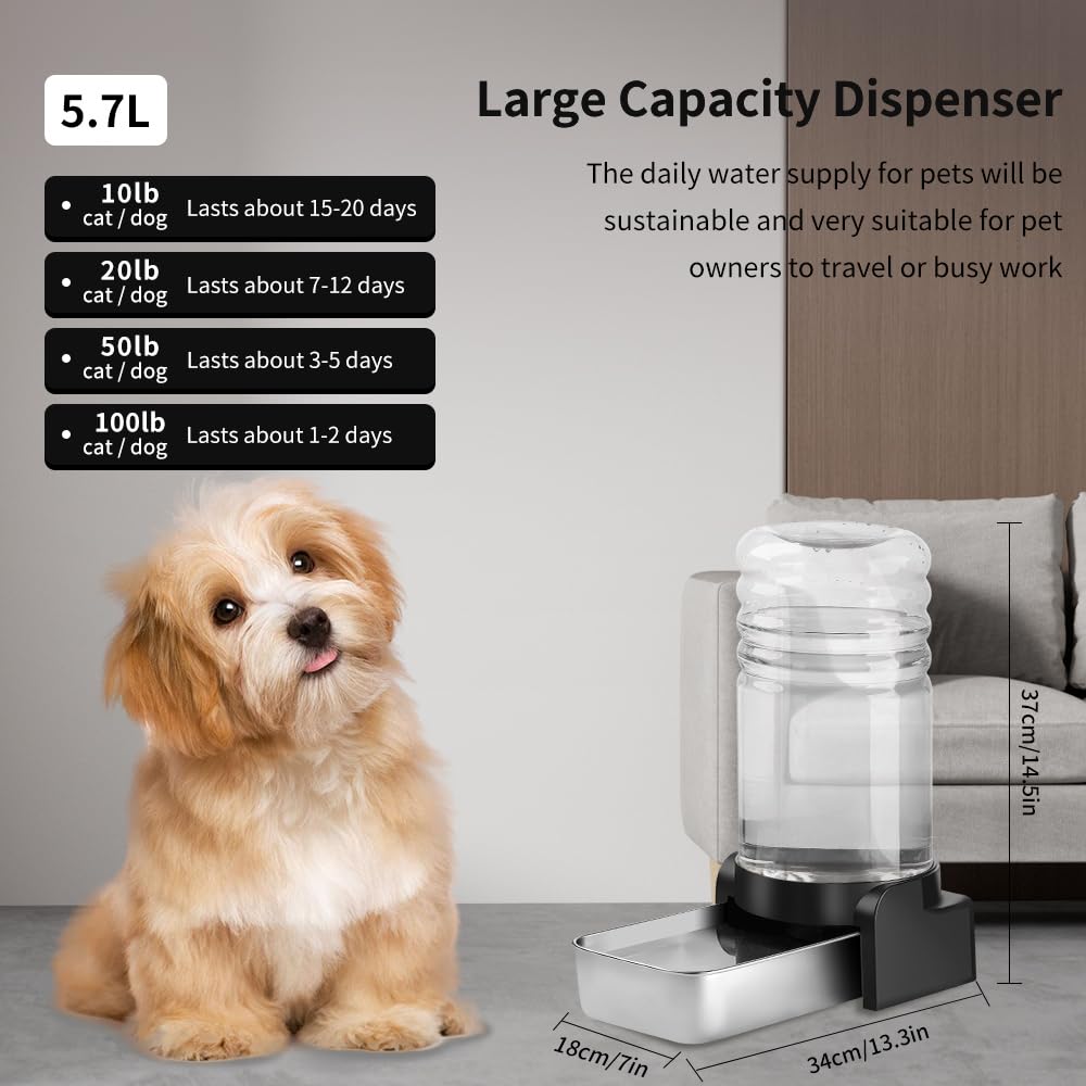 Marchul 1.5 Gallon Cat Water Dispenser, Automatic Gravity Dog Water Feeder, Stainless Steel Large Capacity Cat Waterer For Cats